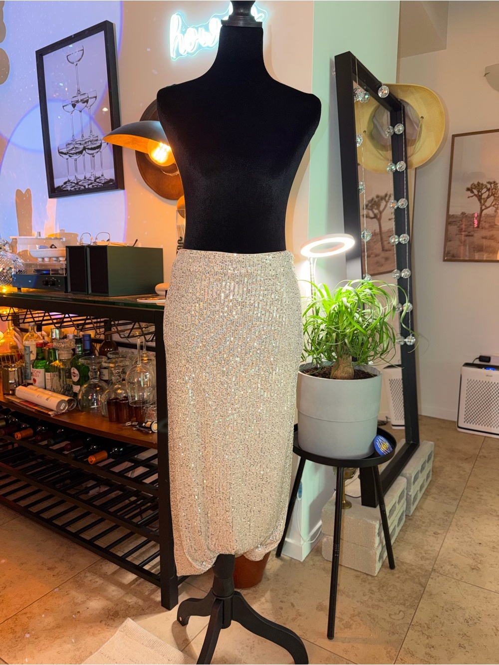 Wayf Cream Sequin Midi Pencil Skirt